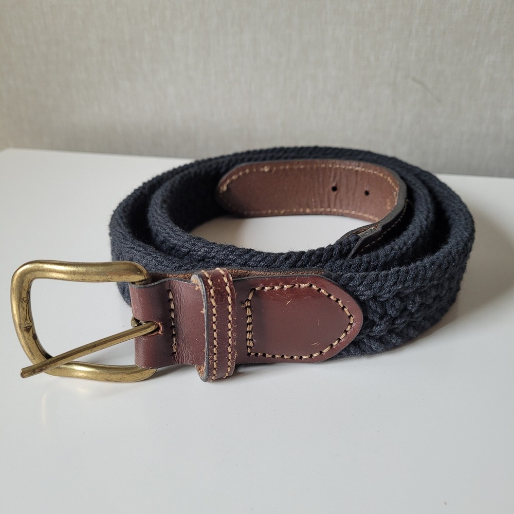 Braided Woven Belt Men XL 42-44 Black Preppy Solid Brass USA Academia Ivy League